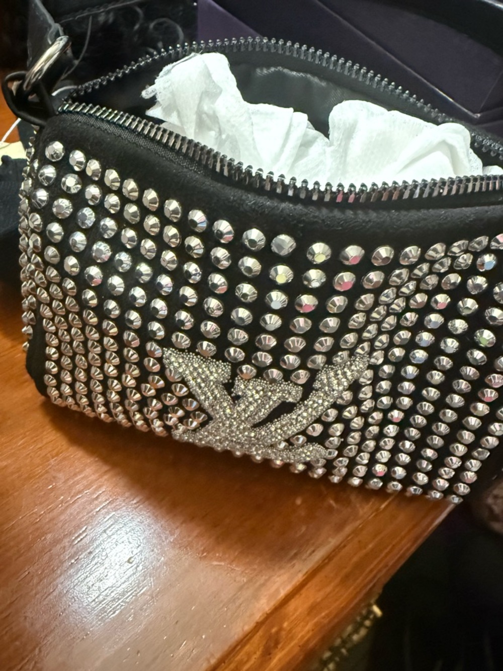 Mini-Crystal-Embellished Black Studded Women's Crossbody Bag - Picture 3 of 11